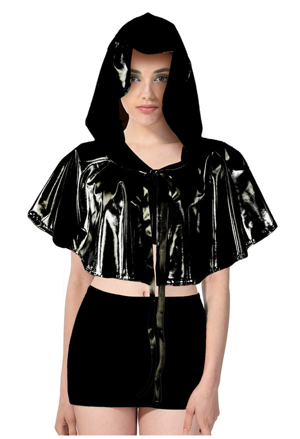 ADULT IRIDESCENT METALLIC MINI HOODED CAPE (BLACK)